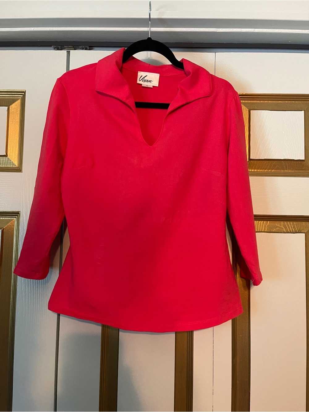 Vixen by Micheline Pitt Vixen top in Hot Pink Collared V-Neck Blouse
